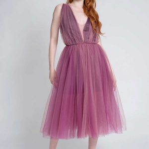 Purple tulle midi dress, V-neck/backline